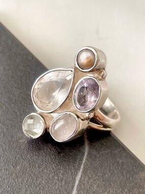 Rose Quartz multi gemstone 925 Sterling silver Ring US 9 Handmade Ring!